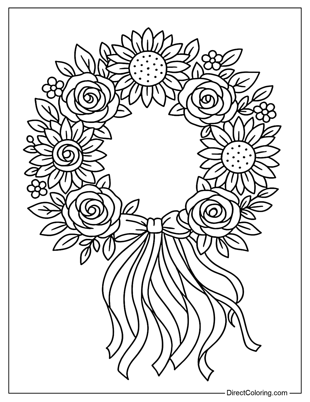 Floral Ukrainian Vinok coloring page arranged in a mandala with roses, sunflowers, and small leaves.